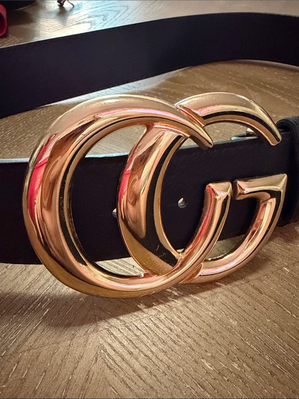 Black Faux Leather Belt with Gold one G Buckle